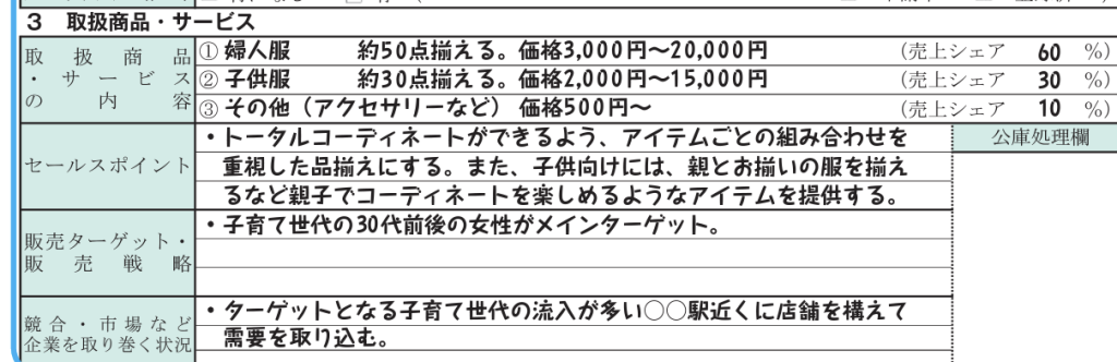 創業計画書　取扱商品・サービス